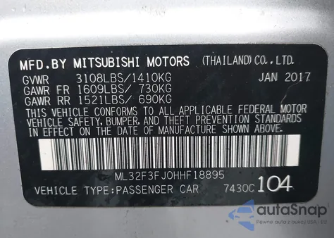2017 Mitsubishi Mirage G4 Es from USA, damaged, VIN ML32F3FJ0HHF18895